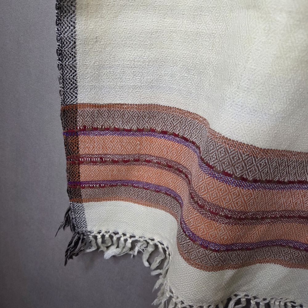 Bhuttico Hand Loom Wool Cream and Purple Orange Fringed Scarf - Picture 7 of 7